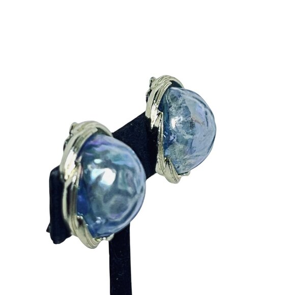 Vintage Lisner Gold Tone & Blue Domed Clip-On Earrings Signed (5613) - Picture 4 of 7